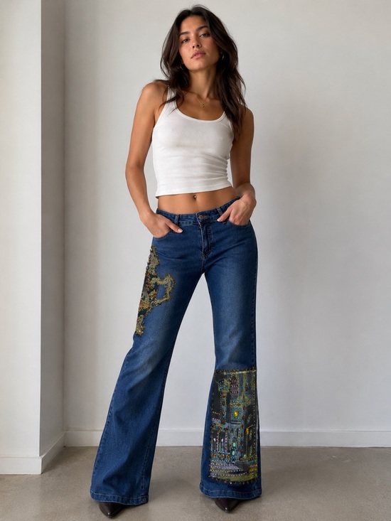Magnolia Denim - Magnolia Dark Blue Flare Jeans with Beaded Embellishment 12